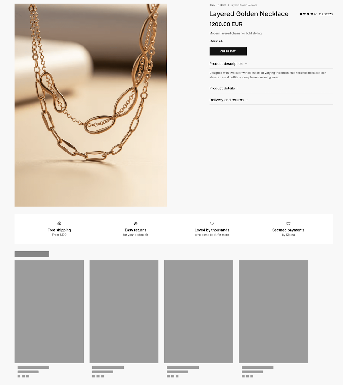 Related products section is rendered with placeholders